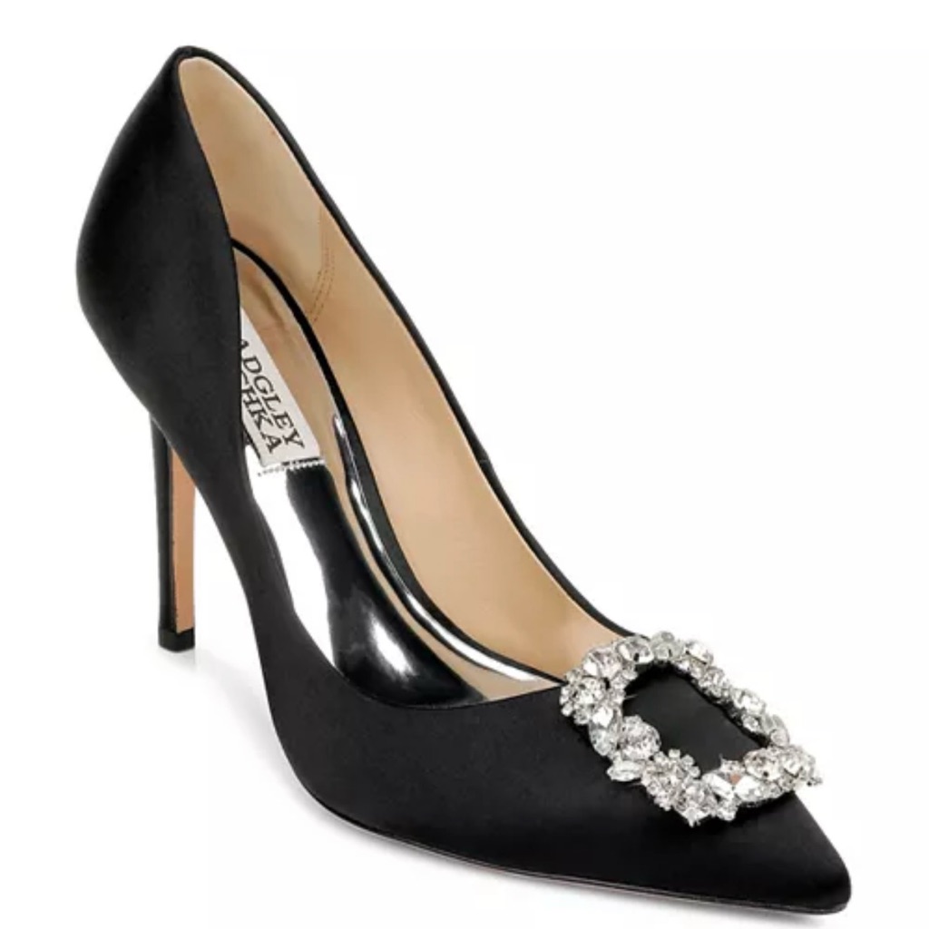 Badgley Mischka Cher Black Heels With Crystal Buckle
